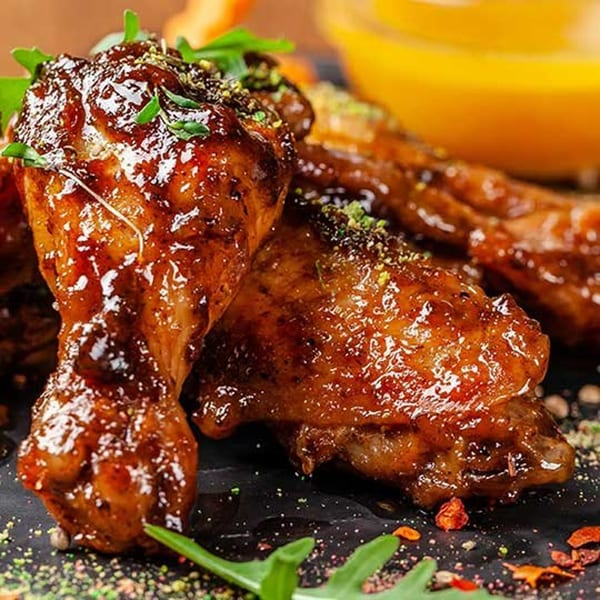 Glossy, dark brown chicken drumsticks and wings, garnished with green herbs and spices, on a dark plate.